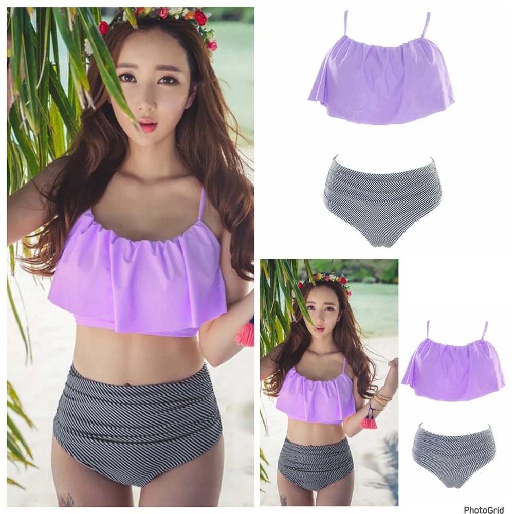 Plus size XXL two piece Tankini swimsuit bikini purple striped NEW